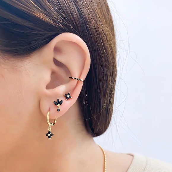 1pair Anthro 3-Hoops Gold Floral Black Multiple Slide-on Clip Ear Cuff Earrings - Picture 12 of 16